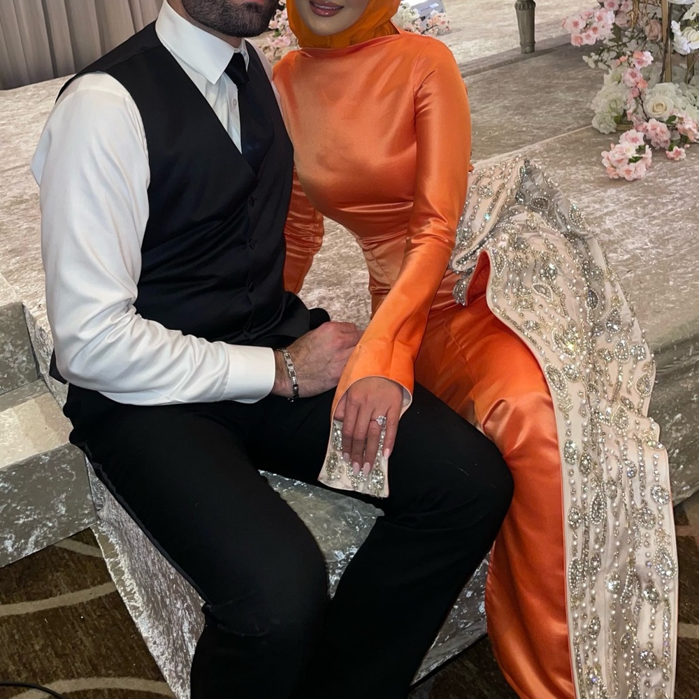 Orange evening dress gown- maxi long sleeve custom